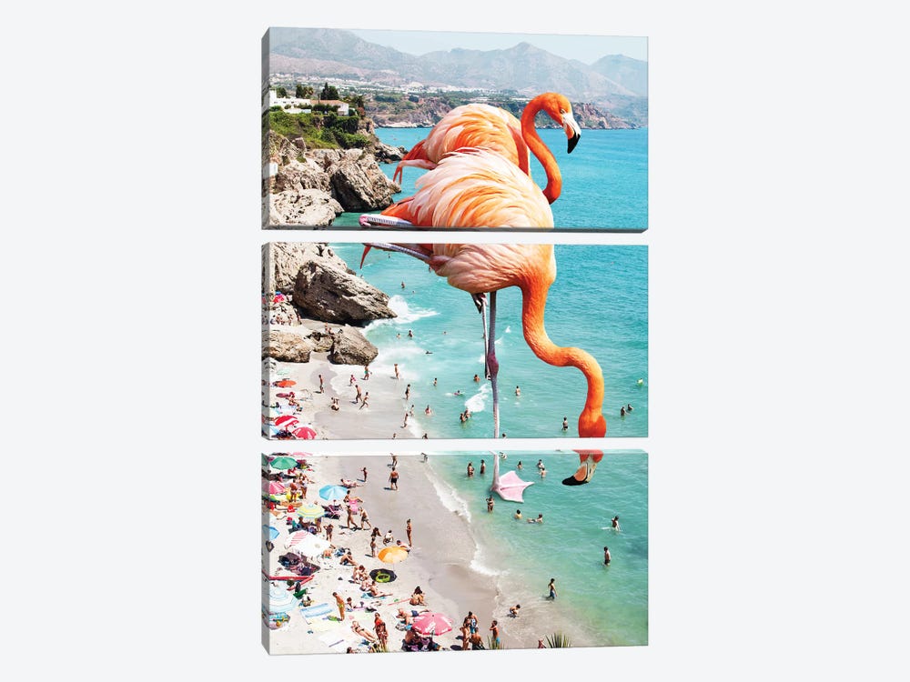 Giant Flamingos On The Beach 3-piece Canvas Artwork