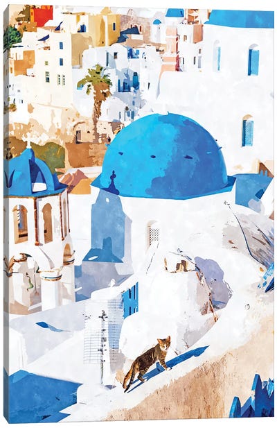 Greek Goddess Canvas Art Print - Blue Domed Church Santorini