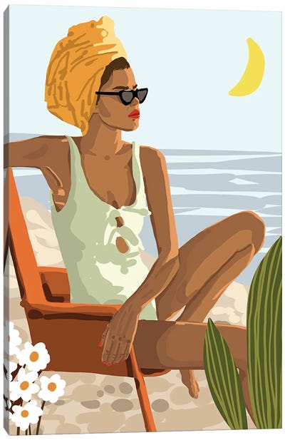 Moon Child, Beach Vacation, Black Woman Illustration Travel Ocean, Tropical Bohemian Fashion Canvas Art Print - Beach Lover