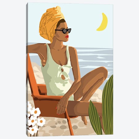 Moon Child, Beach Vacation, Black Woman Illustration Travel Ocean, Tropical Bohemian Fashion Canvas Print #UMA867} by 83 Oranges Canvas Wall Art