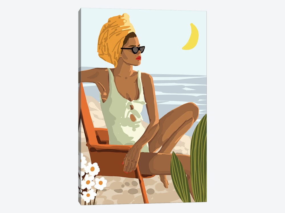 Moon Child, Beach Vacation, Black Woman Illustration Travel Ocean, Tropical Bohemian Fashion by 83 Oranges 1-piece Canvas Artwork