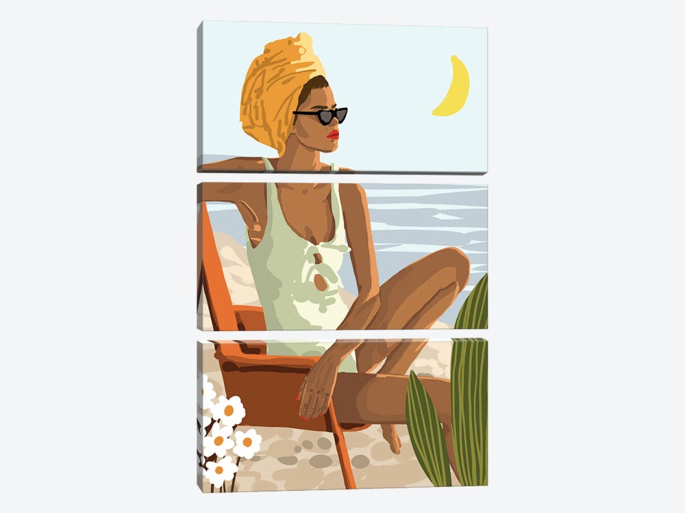 Moon Child, Beach Vacation, Black Woman Illustration Travel Ocean, Tropical Bohemian Fashion by 83 Oranges 3-piece Canvas Artwork