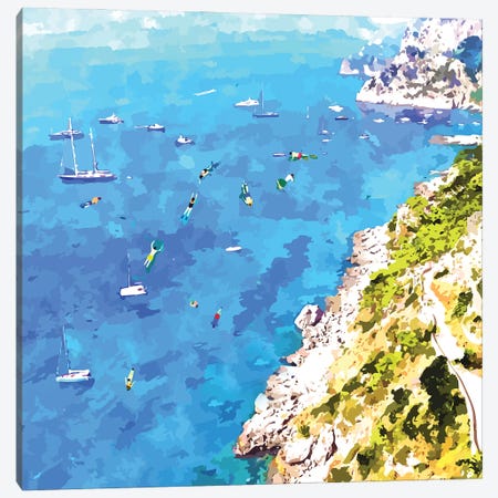 Capri Island, Italy Tropical Travel, Nature Landscape Painting, Ocean Beach Summer Illustration Canvas Print #UMA873} by 83 Oranges Canvas Wall Art