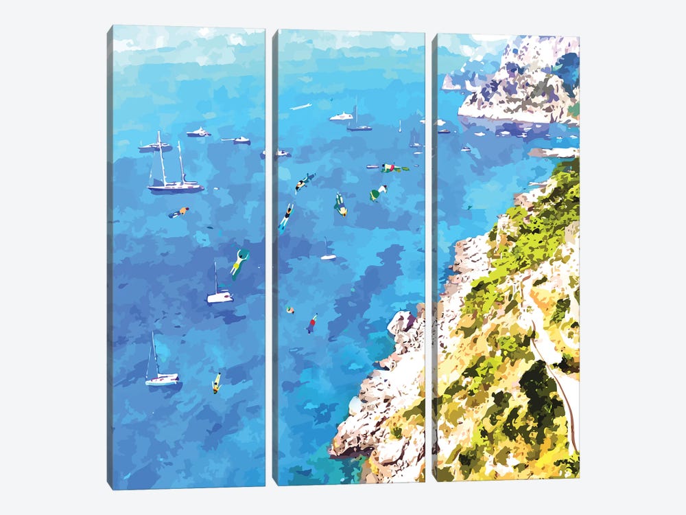 Capri Island, Italy Tropical Travel, Nature Landscape Painting, Ocean Beach Summer Illustration by 83 Oranges 3-piece Art Print