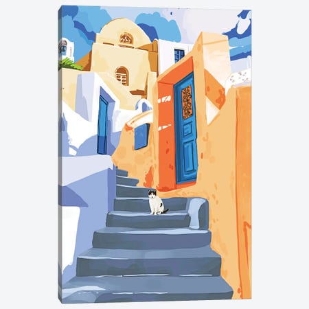 Cat In Greece, Architecture Tropical Exotic Travel Places City, Bohemian Beachy Santorini Painting Canvas Print #UMA875} by 83 Oranges Canvas Print