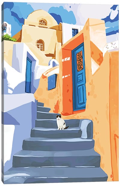 Cat In Greece, Architecture Tropical Exotic Travel Places City, Bohemian Beachy Santorini Painting Canvas Art Print - Stairs & Staircases