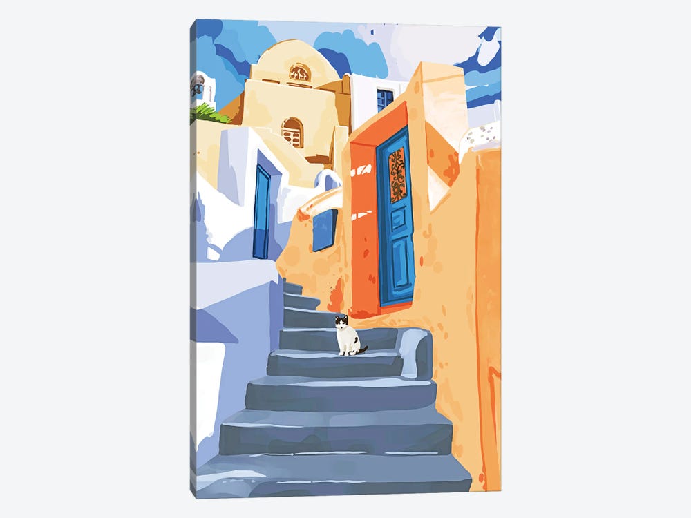 Cat In Greece, Architecture Tropical Exotic Travel Places City, Bohemian Beachy Santorini Painting by 83 Oranges 1-piece Canvas Print