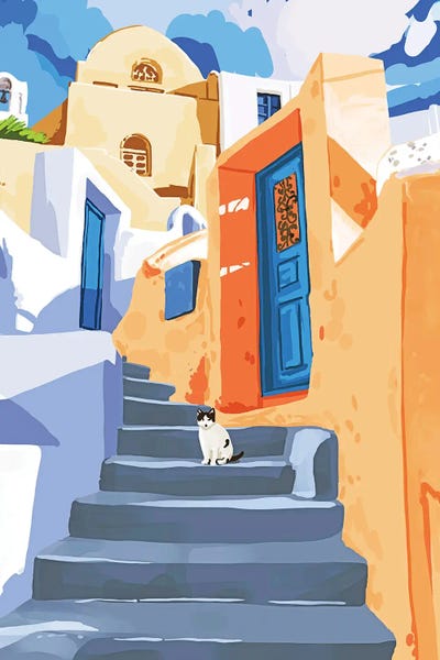 Staircases: Cat In Greece, Architecture Tropical Exotic Travel Places City, Bohemian Beachy Santorini Painting by 83 Oranges