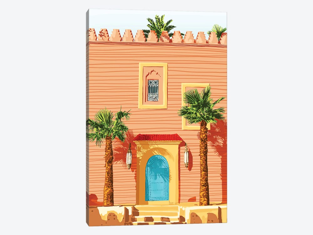 The Blue Door, Tropical Architecture Morocco, Spain Building Interior Palm Illustration Painting by 83 Oranges 1-piece Canvas Wall Art
