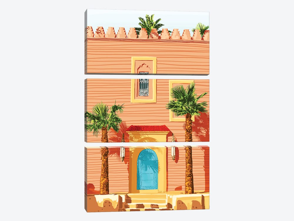 The Blue Door, Tropical Architecture Morocco, Spain Building Interior Palm Illustration Painting by 83 Oranges 3-piece Canvas Wall Art