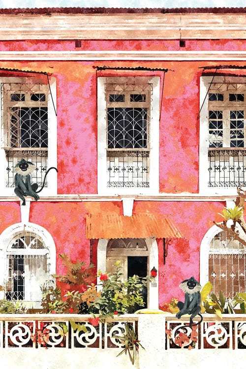 Monkey Business, Colorful Building Architecture, Tropical Goa Mexico Bohemian Watercolor Painting