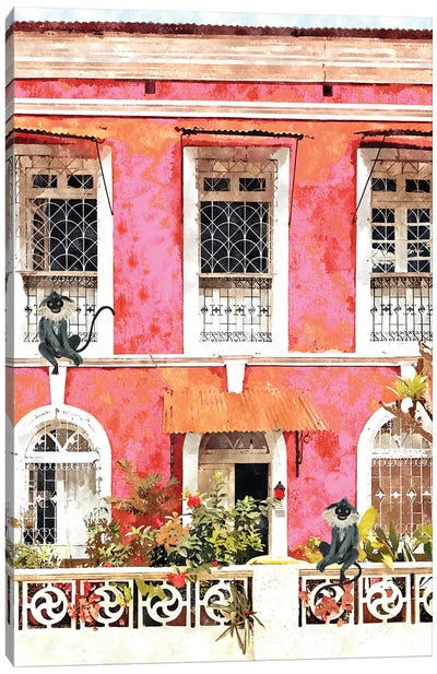 Monkey Business, Colorful Building Architecture, Tropical Goa Mexico Bohemian Watercolor Painting Canvas Art Print