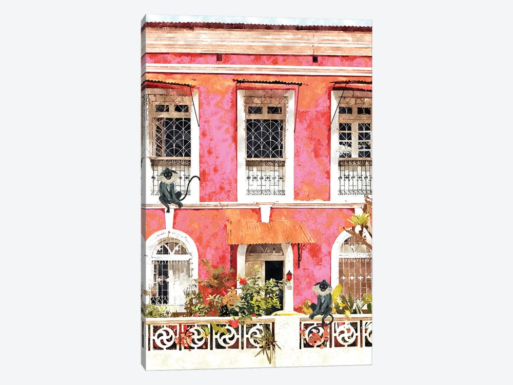 Monkey Business, Colorful Building Architecture, Tropical Goa Mexico Bohemian Watercolor Painting by 83 Oranges 1-piece Art Print