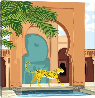 Cheetah Under The Moroccan Arch Canvas Art Print - Swimming Pool Art