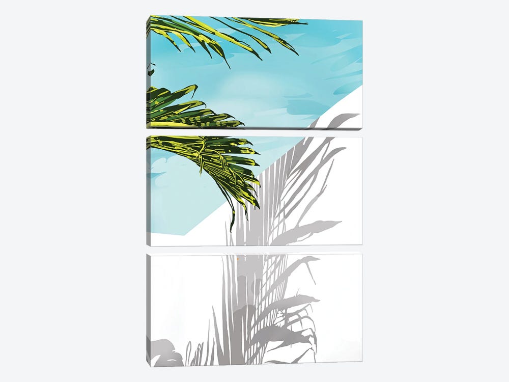 Palms In My Backyard, Tropical Greece Architecture Travel Painting, Summer Scenic Building by 83 Oranges 3-piece Canvas Print