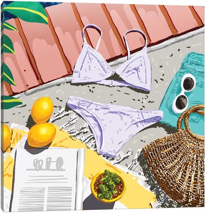 Summer On My Mind, Tropical Travel Swimming Pool Fashion Illustration, Eclectic Beachy Summer Bikini Canvas Art Print - Women's Swimsuit & Bikini Art