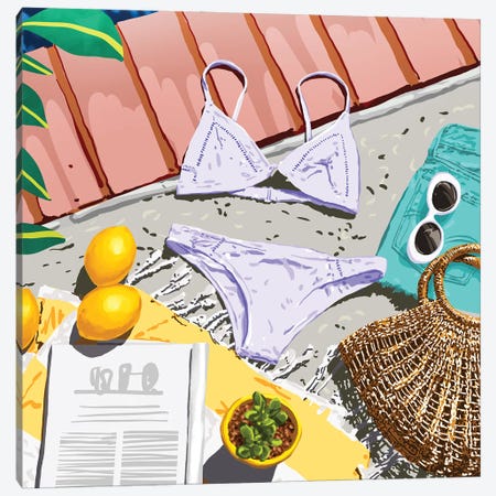 Summer On My Mind, Tropical Travel Swimming Pool Fashion Illustration, Eclectic Beachy Summer Bikini Canvas Print #UMA885} by 83 Oranges Canvas Art
