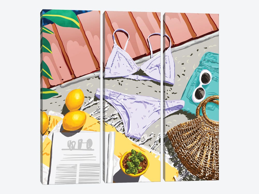 Summer On My Mind, Tropical Travel Swimming Pool Fashion Illustration, Eclectic Beachy Summer Bikini by 83 Oranges 3-piece Canvas Wall Art