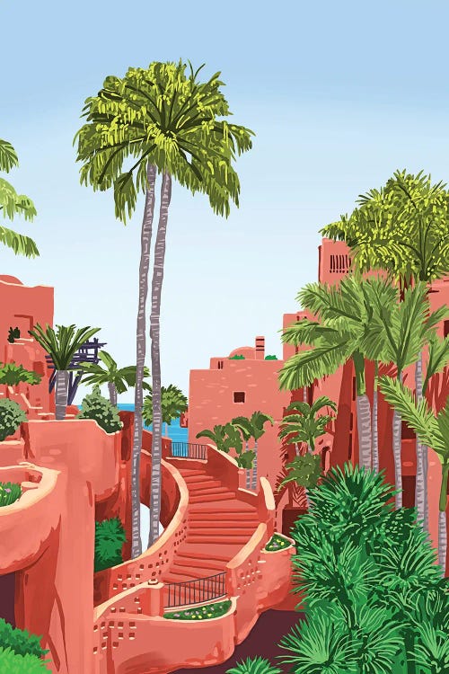 Tropical Architecture, Mexico Exotic Places Building Illustration Bohemian Painting Palm