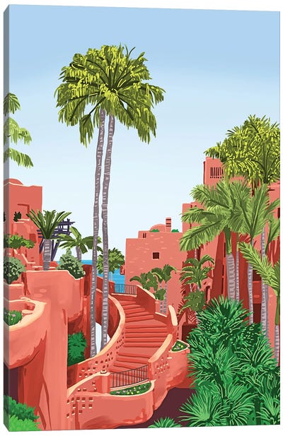 Tropical Architecture, Mexico Exotic Places Building Illustration Bohemian Painting Palm Canvas Art Print - 83 Oranges