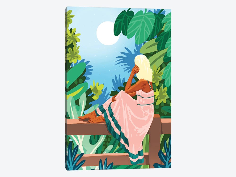 Forest Moon, Bohemian Woman Jungle Nature Tropical Colorful Travel Fashion Illustration 1-piece Canvas Art