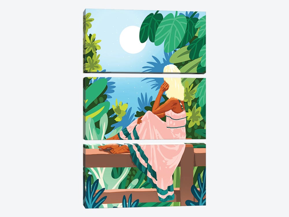 Forest Moon, Bohemian Woman Jungle Nature Tropical Colorful Travel Fashion Illustration 3-piece Canvas Artwork