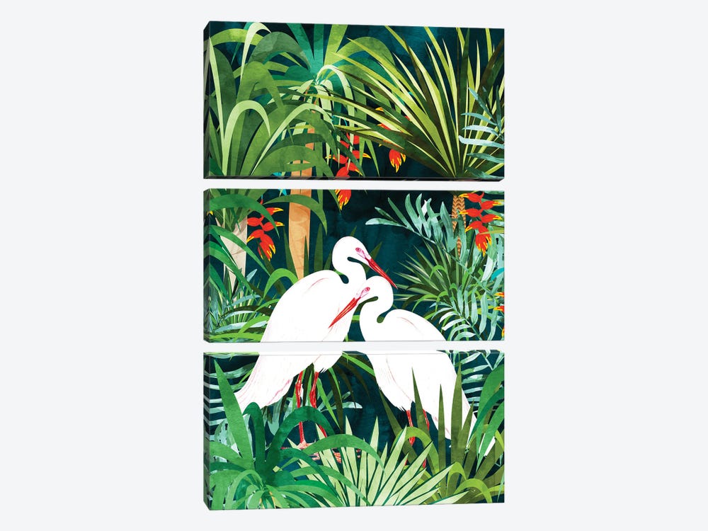 To Me, You're Perfect, Tropical Jungle Heron Watercolor Vibrant Painting, Stork Birds Wildlife Love by 83 Oranges 3-piece Canvas Print