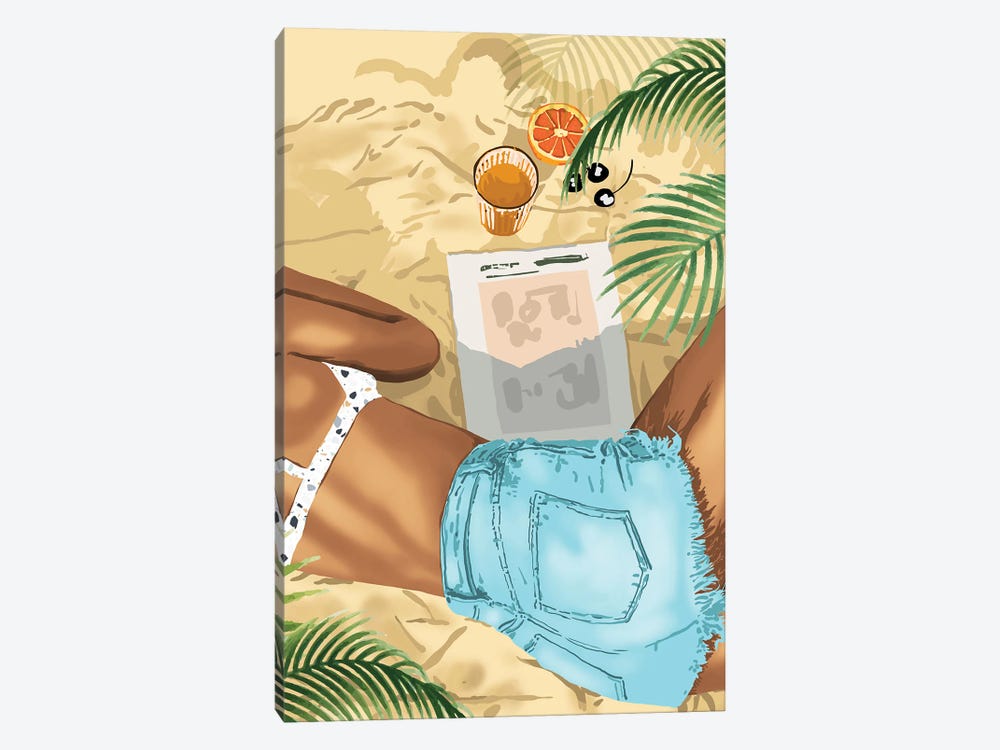 Keep Palm & Carry On, Brown Woman Beach Illustration, Tropical Vacation Bikini Travel Chai Read by 83 Oranges 1-piece Canvas Art
