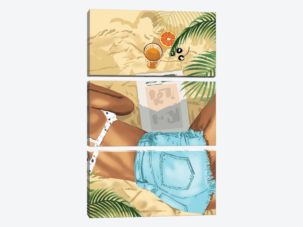 Keep Palm & Carry On, Brown Woman Beach Illustration, Tropical Vacation Bikini Travel Chai Read by 83 Oranges 3-piece Canvas Wall Art