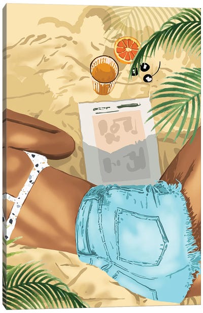 Keep Palm & Carry On, Brown Woman Beach Illustration, Tropical Vacation Bikini Travel Chai Read Canvas Art Print - Women's Swimsuit & Bikini Art