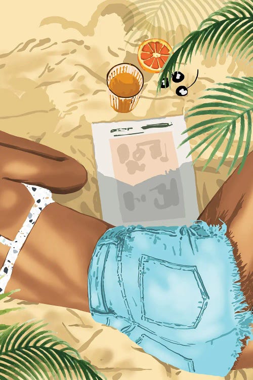 Keep Palm & Carry On, Brown Woman Beach Illustration, Tropical Vacation Bikini Travel Chai Read by 83 Oranges wall art