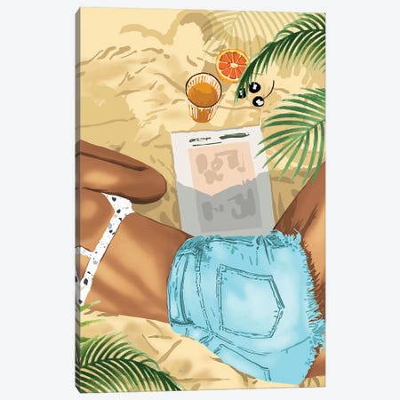 Keep Palm & Carry On, Brown Woman Beach Illustration, Tropical Vacation Bikini Travel Chai Read Canvas Print #UMA898} by 83 Oranges Canvas Artwork