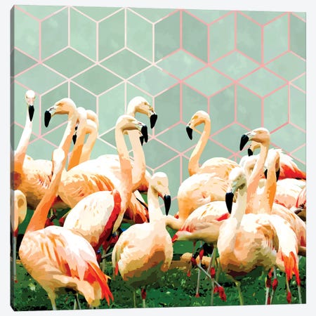 Flamingle Abstract Digital, Flamingo Wildlife Painting, Birds Geometric Collage Canvas Print #UMA899} by 83 Oranges Canvas Artwork