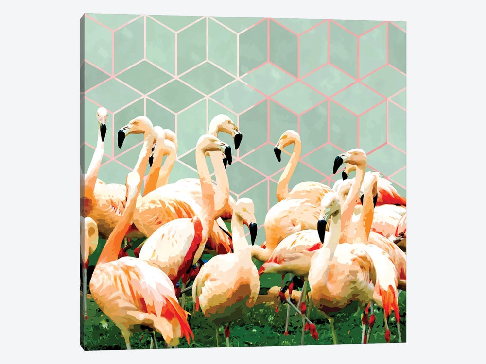Flamingle Abstract Digital, Flamingo Wildlife Painting, Birds Geometric Collage by 83 Oranges 1-piece Canvas Print