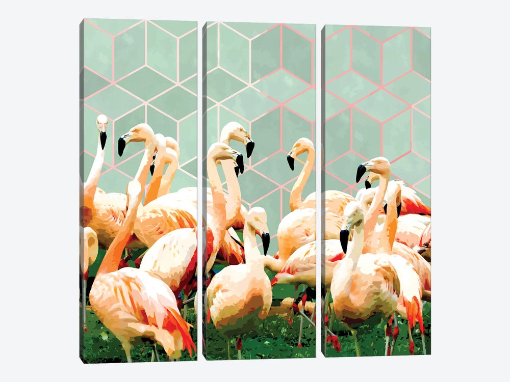 Flamingle Abstract Digital, Flamingo Wildlife Painting, Birds Geometric Collage by 83 Oranges 3-piece Canvas Art Print