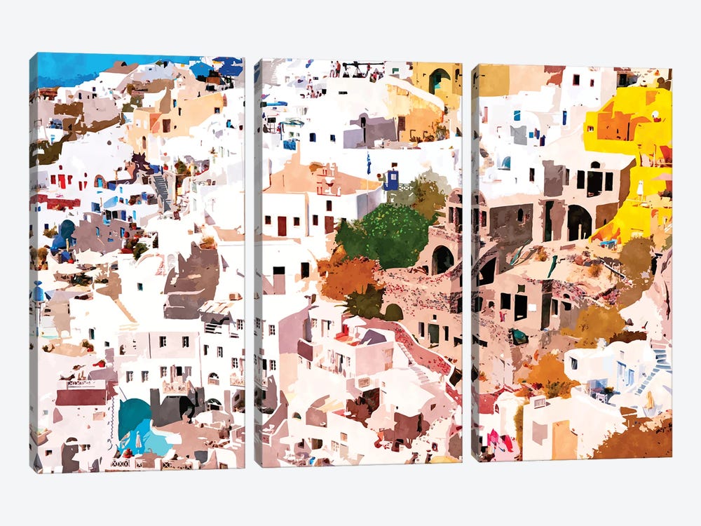Travel Far Enough, You Meet Yourself Illustration, Spain Citiscape Architecture Painting, Buildings by 83 Oranges 3-piece Canvas Print