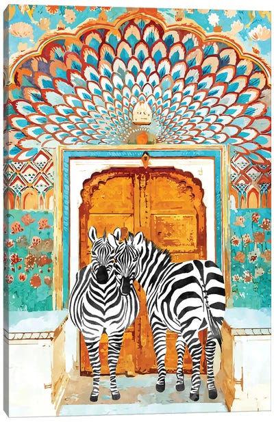 Take Your Stripes Wherever You Go Painting, Zebra Wildlife Architecture, Indian Palace Door Painting Canvas Art Print - Door Art