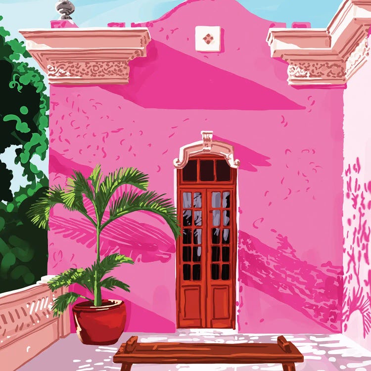 Pink Building, Exotic Modern Architecture, Travel Cities, Morocco, Tropical Spain Illustration