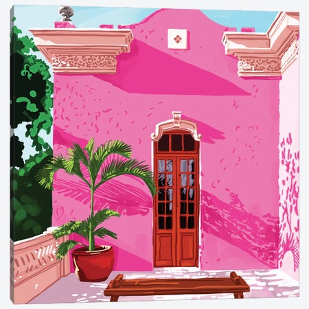 Pink Building, Exotic Modern Architecture, Travel Cities, Morocco, Tropical Spain Illustration Canvas Print #UMA903} by 83 Oranges Canvas Artwork