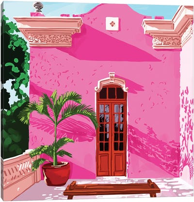 Pink Building, Exotic Modern Architecture, Travel Cities, Morocco, Tropical Spain Illustration Canvas Art Print