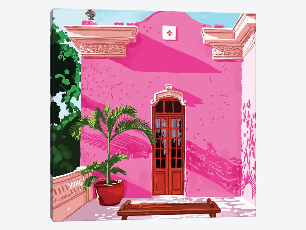 Pink Building, Exotic Modern Architecture, Travel Cities, Morocco, Tropical Spain Illustration by 83 Oranges 1-piece Art Print