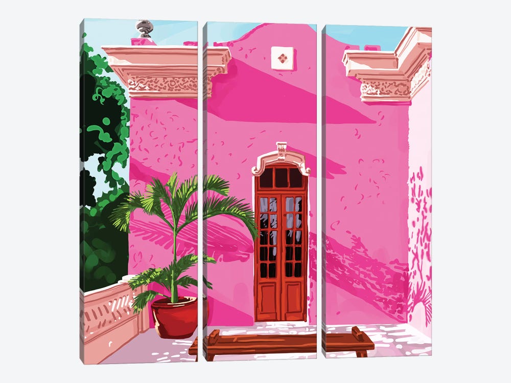 Pink Building, Exotic Modern Architecture, Travel Cities, Morocco, Tropical Spain Illustration by 83 Oranges 3-piece Art Print