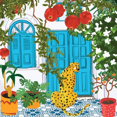 Cheetah Home, Morocco Architecture Illustration, Greece Cats Tropical Urban Jungle Pomegranate by 83 Oranges framed wall art