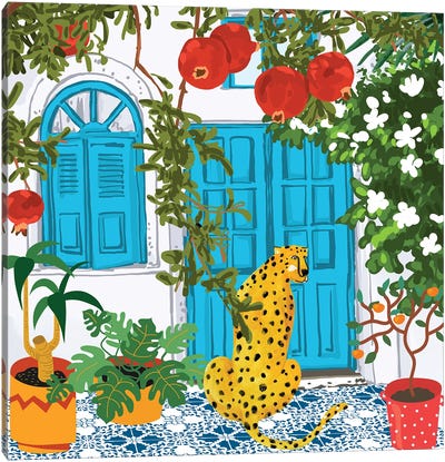 Cheetah Home, Morocco Architecture Illustration, Greece Cats Tropical Urban Jungle Pomegranate Canvas Art Print - Door Art