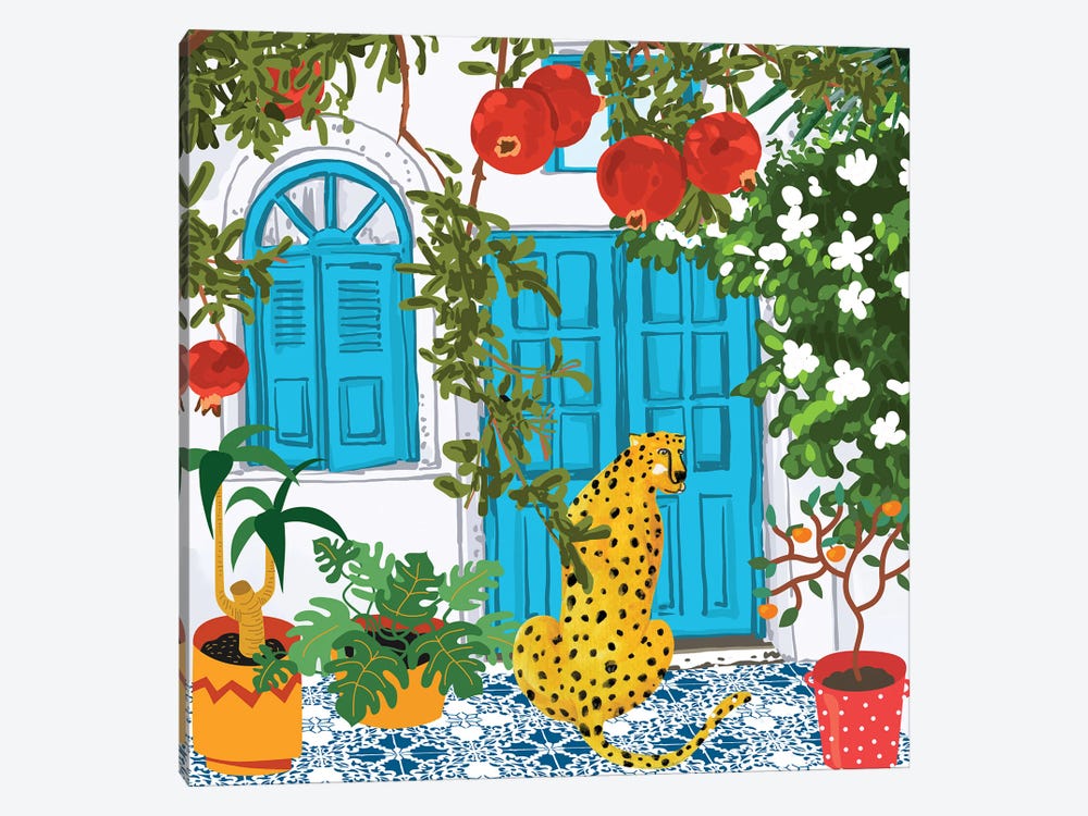 Cheetah Home, Morocco Architecture Illustration, Greece Cats Tropical Urban Jungle Pomegranate by 83 Oranges 1-piece Canvas Artwork