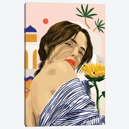 I Travel, I Become | Morocco Architecture Illustration, Bohemian Woman Tropical Sunflower Boho Palm Canvas Print #UMA907} by 83 Oranges Canvas Print