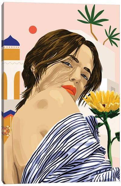I Travel, I Become | Morocco Architecture Illustration, Bohemian Woman Tropical Sunflower Boho Palm Canvas Art Print
