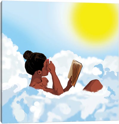 Reading On Clouds, Black Woman Summer Sunny Day Book Painting, Bohemian Nude Canvas Art Print - Reading Art