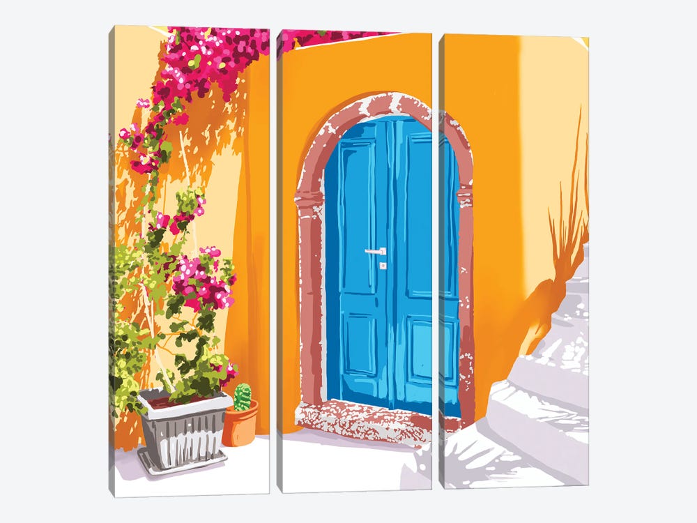 Sunny Morocco, Summer Architecture Greece Travel Painting, Boungainvillea Tropical Floral by 83 Oranges 3-piece Canvas Art
