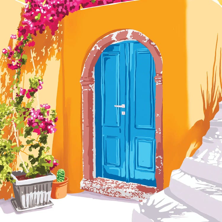 Sunny Morocco, Summer Architecture Greece Travel Painting, Boungainvillea Tropical Floral